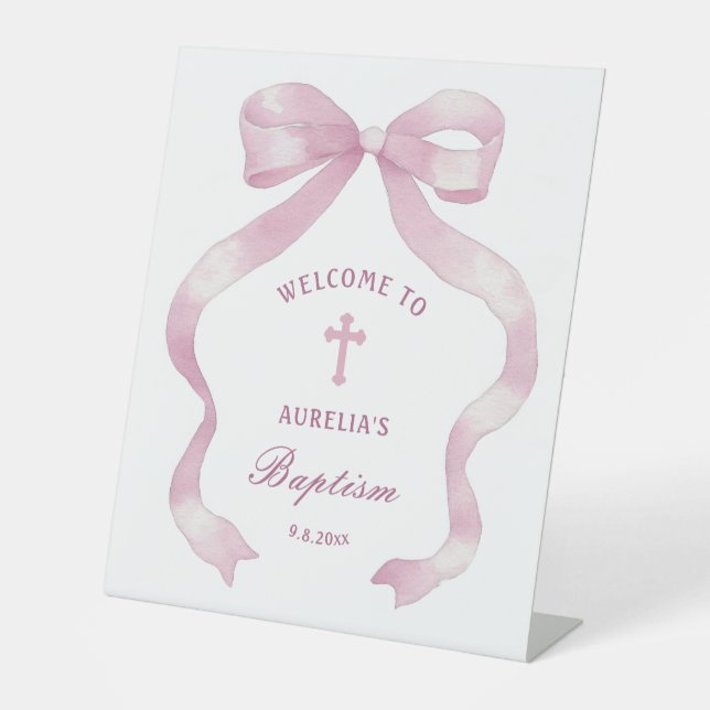 Elegant Pink Bow Baptism Welcome Pedestal Sign (Front)
