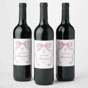 Elegant Pink Bow Baptism Wine Label
