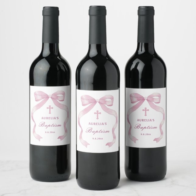Elegant Pink Bow Baptism Wine Label (Bottles)