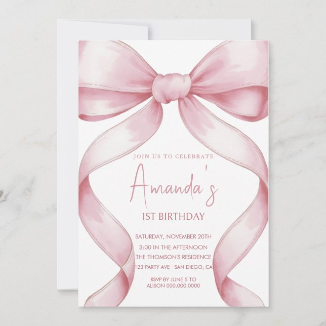 Elegant pink bow birthday  invitation (Front)