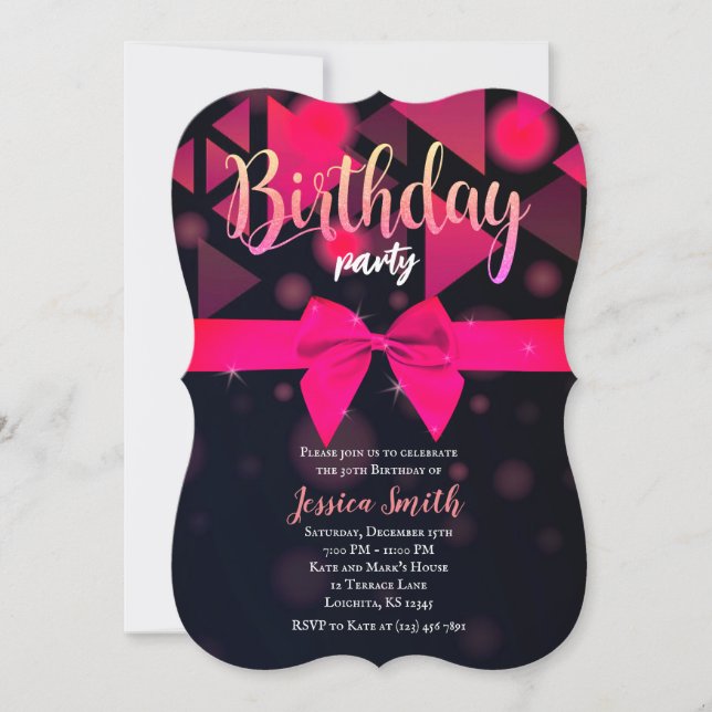 Elegant Pink Bow Birthday Party Invitation (Front)