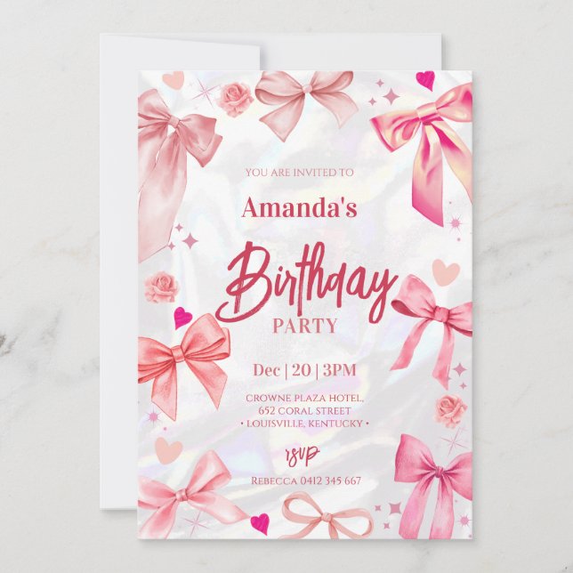 Elegant Pink Bow Birthday Party Invitation (Front)
