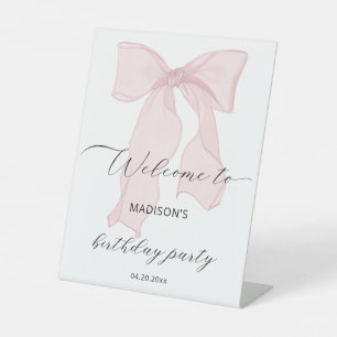 Elegant Pink Bow Birthday Party Welcome Pedestal Sign