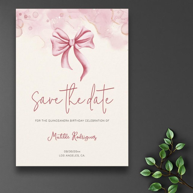 Elegant Pink Bow Birthday Quinceañera Save The Date (Creator Uploaded)