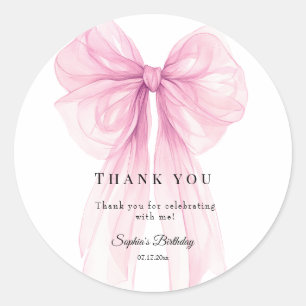 Elegant Pink Bow Birthday  Watercolor Classic Round Sticker
