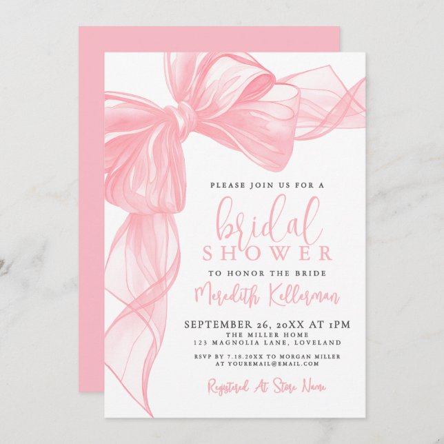 Elegant Pink Bow Bridal Shower Invitation (Front/Back)