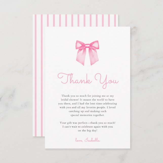 Elegant Pink Bow Bridal Shower Thank You Card (Front/Back)