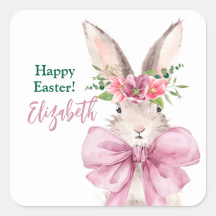 Elegant Pink bow bunny Happy easter rabbit  Square Sticker