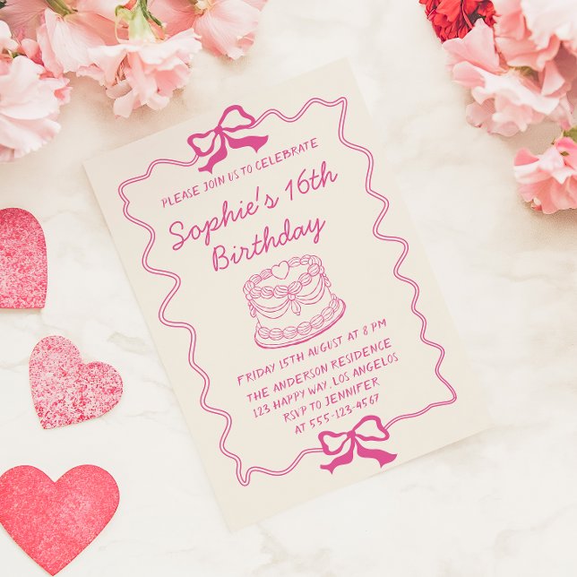 Elegant Pink Bow & Cake Sweet 16 Birthday Party Invitation (Creator Uploaded)