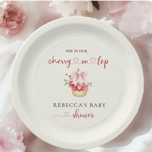  Elegant Pink Bow Cherry on Top Baby Shower   Paper Plate (Creator Uploaded)