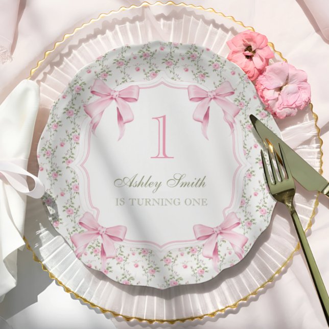 Elegant Pink Bow Coquette 1st Birthday Paper Plate (Creator Uploaded)