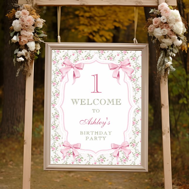 Elegant Pink Bow Coquette 1st Birthday Welcome Poster (Creator Uploaded)