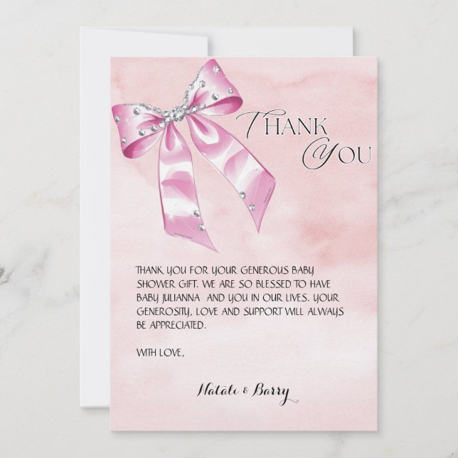 Elegant Pink Bow Coquette baby shower thank you  Invitation (Front)
