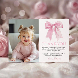 Elegant Pink Bow Coquette Birthday Photo Thank You Card