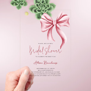 Elegant Pink Bow Coquette Bridal Shower Party Acrylic Invitations