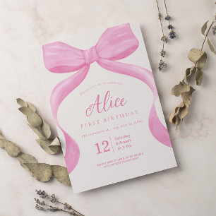 Elegant Pink Bow Coquette First Birthday Girl Invitation