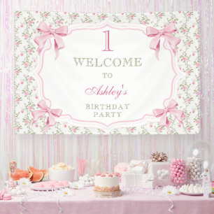 Elegant Pink Bow Coquette Girl 1st Birthday  Banner