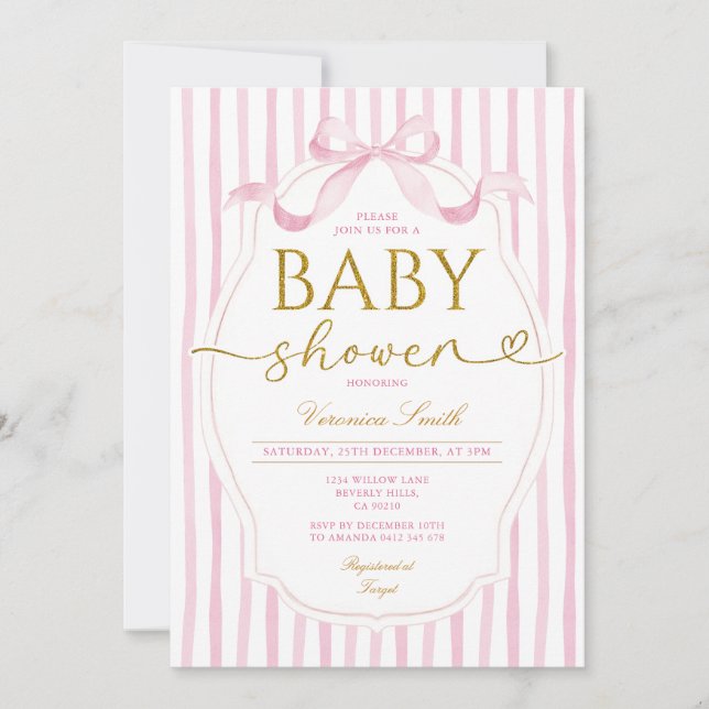 Elegant Pink Bow Coquette Girl Baby Shower Stripe Invitation (Front)