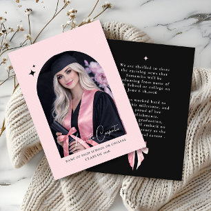 Elegant pink bow coquette photo black graduation  announcement