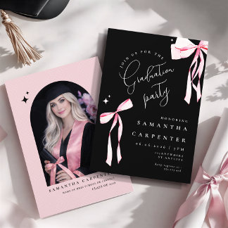 Elegant pink bow coquette photo black graduation invitation