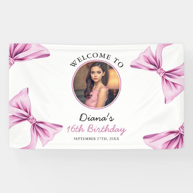 Elegant Pink Bow Coquette Photo Sweet 16 Birthday Banner (Horizontal)