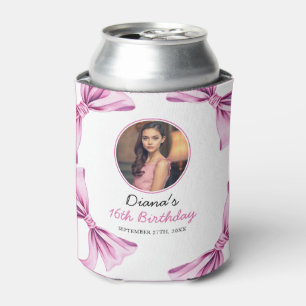 Elegant Pink Bow Coquette Photo Sweet 16 Birthday Can Cooler