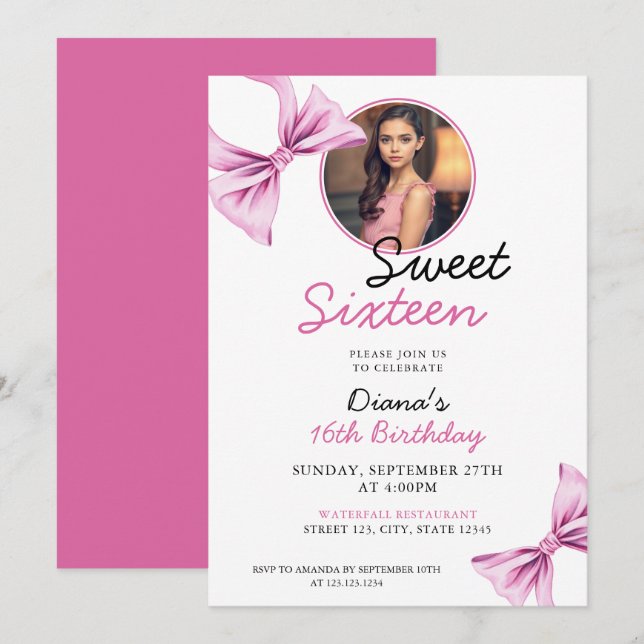 Elegant Pink Bow Coquette Photo Sweet 16 Birthday Invitation (Front/Back)