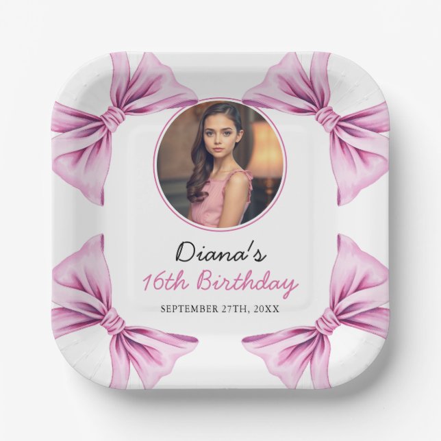 Elegant Pink Bow Coquette Photo Sweet 16 Birthday Paper Plate (Front)