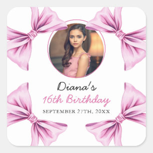Elegant Pink Bow Coquette Photo Sweet 16 Birthday Square Sticker