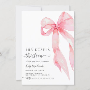 Elegant Pink Bow Coquette Thirteen 13th Birthday Invitation