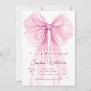 Elegant Pink Bow First Birthday Invitation