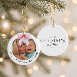 Elegant Pink Bow First Christmas as a Mum Photo Ceramic Tree Decoration