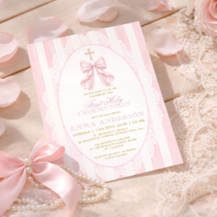 Elegant Pink Bow First Holy Communion Invitation