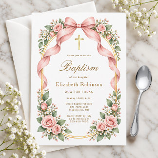 Elegant Pink Bow Floral Baptism Invitation