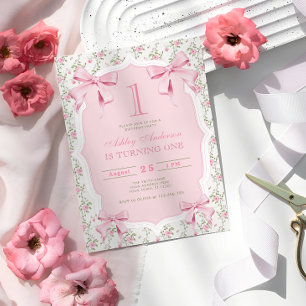Elegant Pink Bow Floral Coquette 1st Birthday Invitation