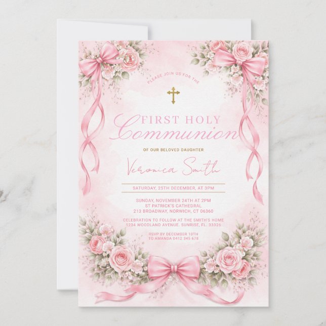 Elegant Pink Bow Floral First Holy Communion Invitation (Front)