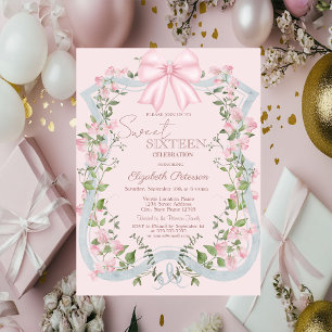 Elegant Pink Bow Floral Frame Sweet 16   Invitation