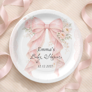 Elegant Pink Bow Floral Girl Baby Shower Paper Plate