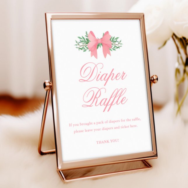 Elegant Pink Bow Girl Baby Shower Diaper Raffle Poster (Elegant Pink Bow with Greenery Baby Shower Diaper Raffle Poster.)