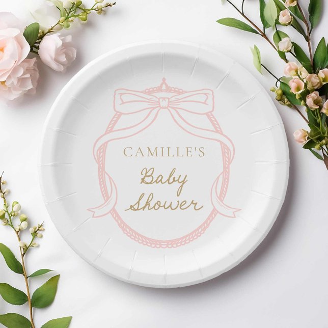 Elegant Pink Bow Girl Baby Shower Paper Plate (Pink Bow Minimal Baby Shower Paper Plates)