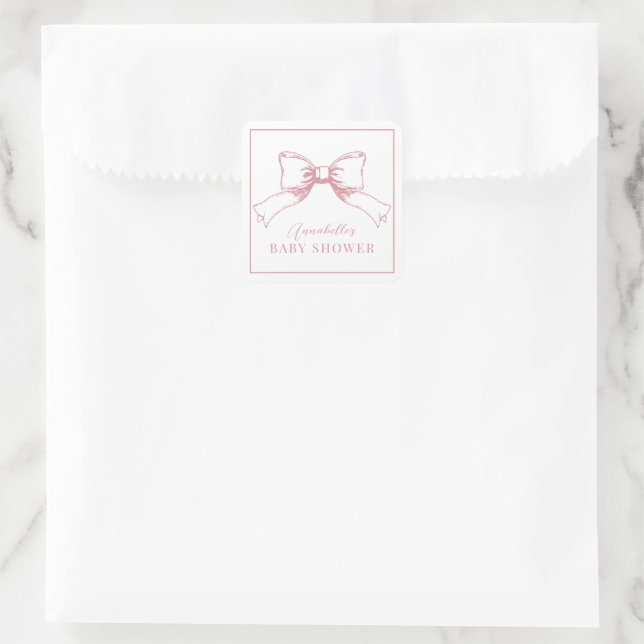 Elegant Pink Bow Girl Baby Shower Square Sticker (Bag)