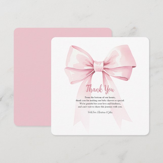Elegant Pink Bow Girl Baby Shower Thank You Card (Front/Back)