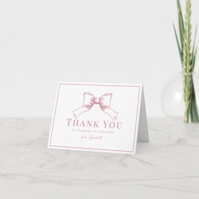 Elegant Pink Bow Girl Baby Shower Thank You Card (Front)