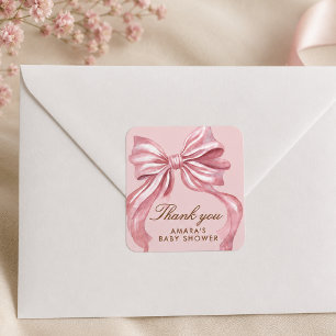 Elegant Pink Bow Girl Baby Shower Thank You Square Sticker