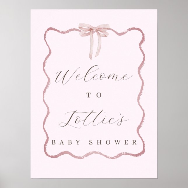 Elegant Pink Bow Girl Baby Shower Welcome Sign (Front)