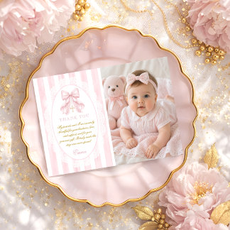 Elegant Pink Bow Girl Baptism Photo Flat Thank You Card