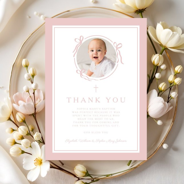 Elegant Pink Bow Girl Baptism Photo Thank You Card (Elegant Pink Bow Girl Baptism Photo Thank You Card)
