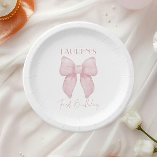 Elegant Pink Bow Girl First Birthday Paper Plate