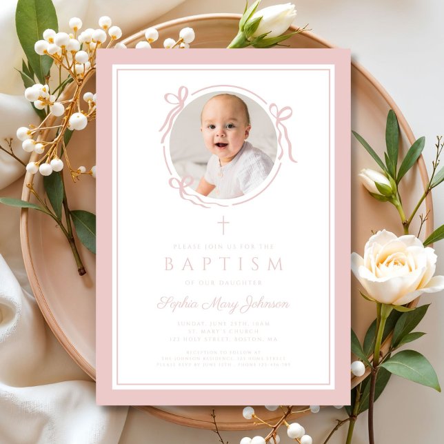 Elegant Pink Bow Girl Photo Baptism Invitation (Elegant Pink Bow Girl Photo Baptism Invitation)