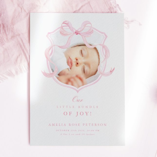Elegant Pink Bow Girl Photo Birth Announcement (Creator Uploaded)